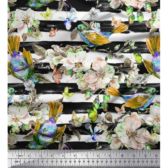 Soimoi Green Cotton Duck Fabric Stripe,Bird & Pink Floral Decor Fabric Printed BTY 56 Inch Wide