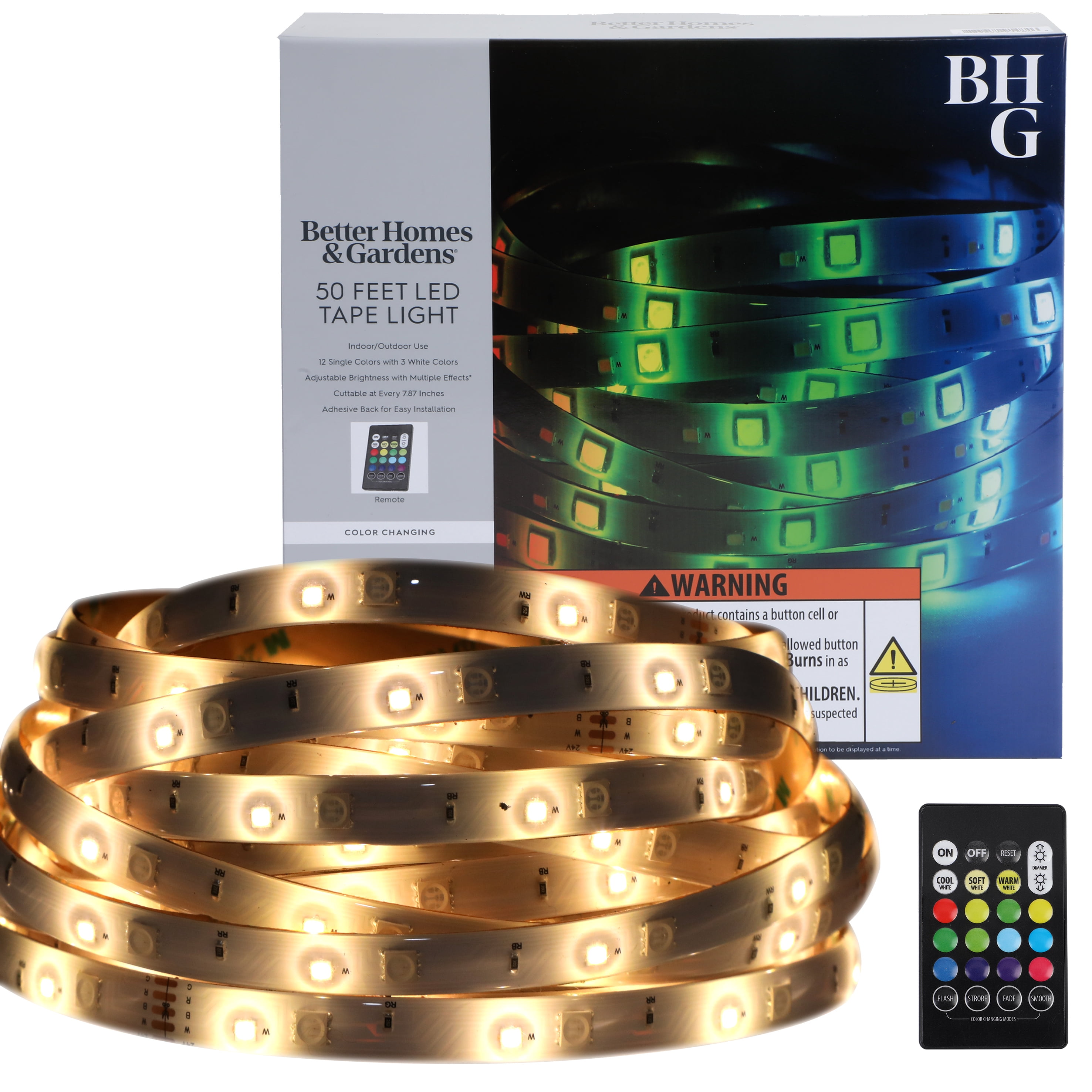 Better Homes & Gardens 50ft Color-Changing LED Tape Light, Remote, Indoor/Outdoor, 1 Count