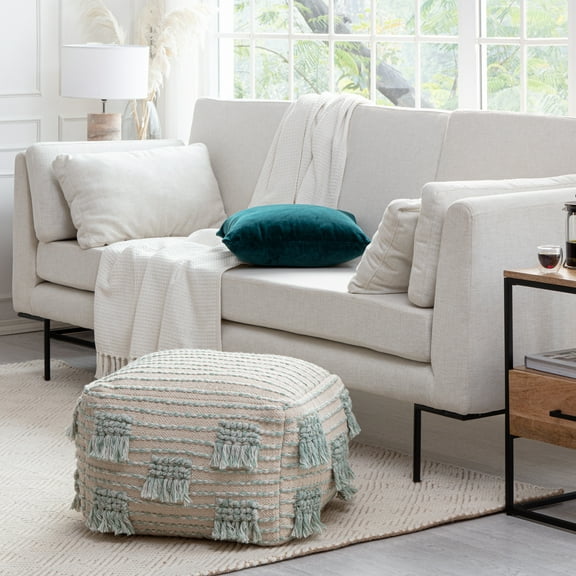French 75 22" x 22" x 16" Beige & Green Pouf