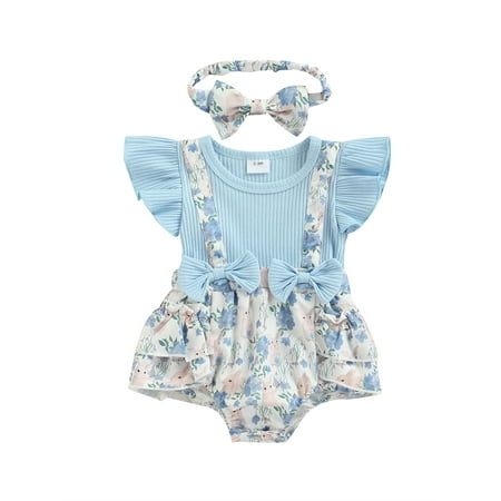 

Baby Girl Floral Romper Newborn Dress Ruffle Onesie Suspender Shorts Jumpsuit Cute Summer Clothes and Headband