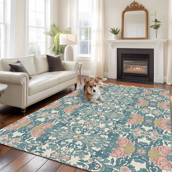 Teal Pink Area Rug 5x8 FT, Non Slip Bedroom Throw Carpet, Vintage Floral Watercolor Boho Ethnic Washable Soft Floor Carpet Non-Shedding Rug for Living Room Nursery Dorm Office