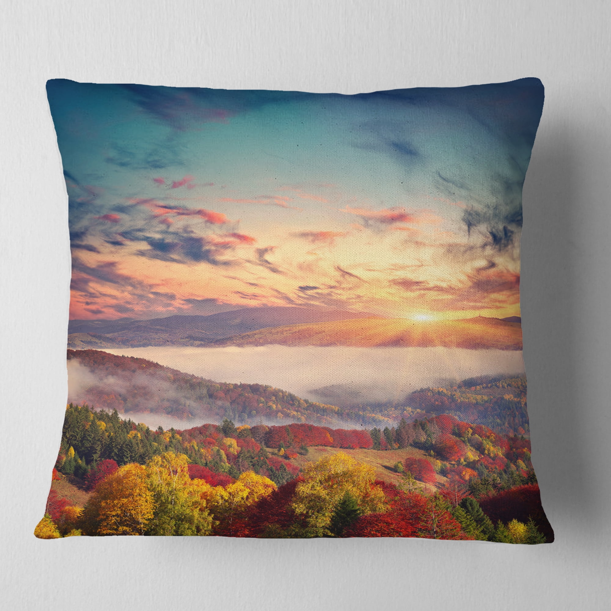 Designart Colorful Sunset in Foggy Mountains - Landscape Printed Throw Pillow - 18x18