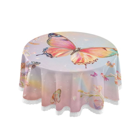 Round Single Sided Printed Tablecloth, 60 Inch Polyester Round Table Cover with White Lace Trim, Wrinkle Resistant Decorative Table Cloth for Home Light Pink Flower Butterfly