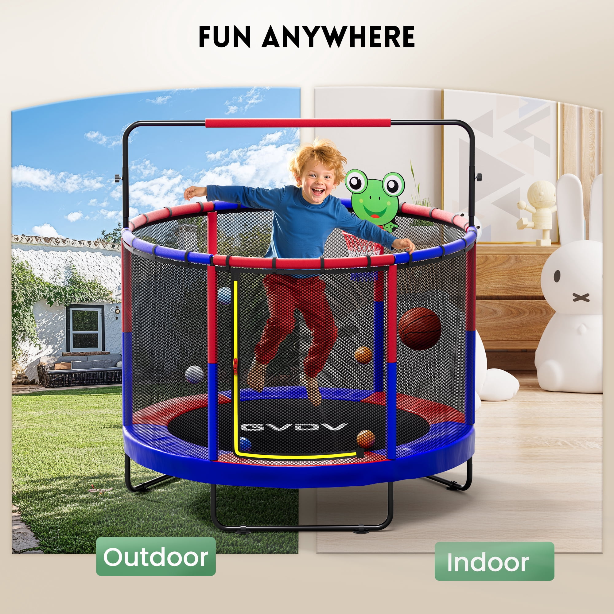 Trampoline for Kids, 60" Toddler Mini Trampoline with Enclosure Net, Basketball Hoop
