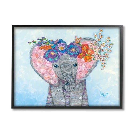 Stupell Industries Baby Elephant & Mouse Decorated Flower Blossoms Collage Painting Black Framed Art Print Wall Art, Design by Lisa Morales