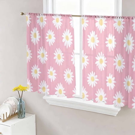 White Pink Daisy Semi Sheer Curtains 54 Inch Length 2 Panels Set Spring Summer Floral Botanical Sheer Kitchen Curtain Privacy Voile Window Curtain for Living Room Bedroom Rod Pocket Drapes