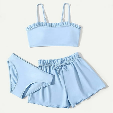 

kpoplk Baby Swimsuit Girl Toddler Girl s 3 Piece Swimsuits Soild Bikini Rullfe Bathing Suit Briefs Girls Baby Girl Swimsuit(Blue)