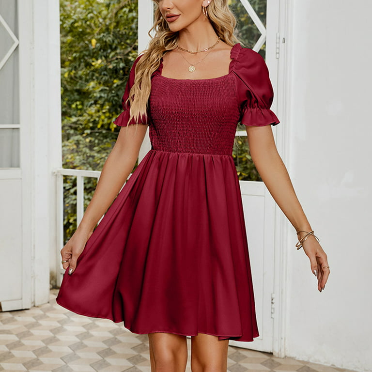 Finelylove Plus Size Dresses For Women 2023 Flowy Summer Dress For Women  V-Neck Solid Short Sleeve Sun Dress Wine