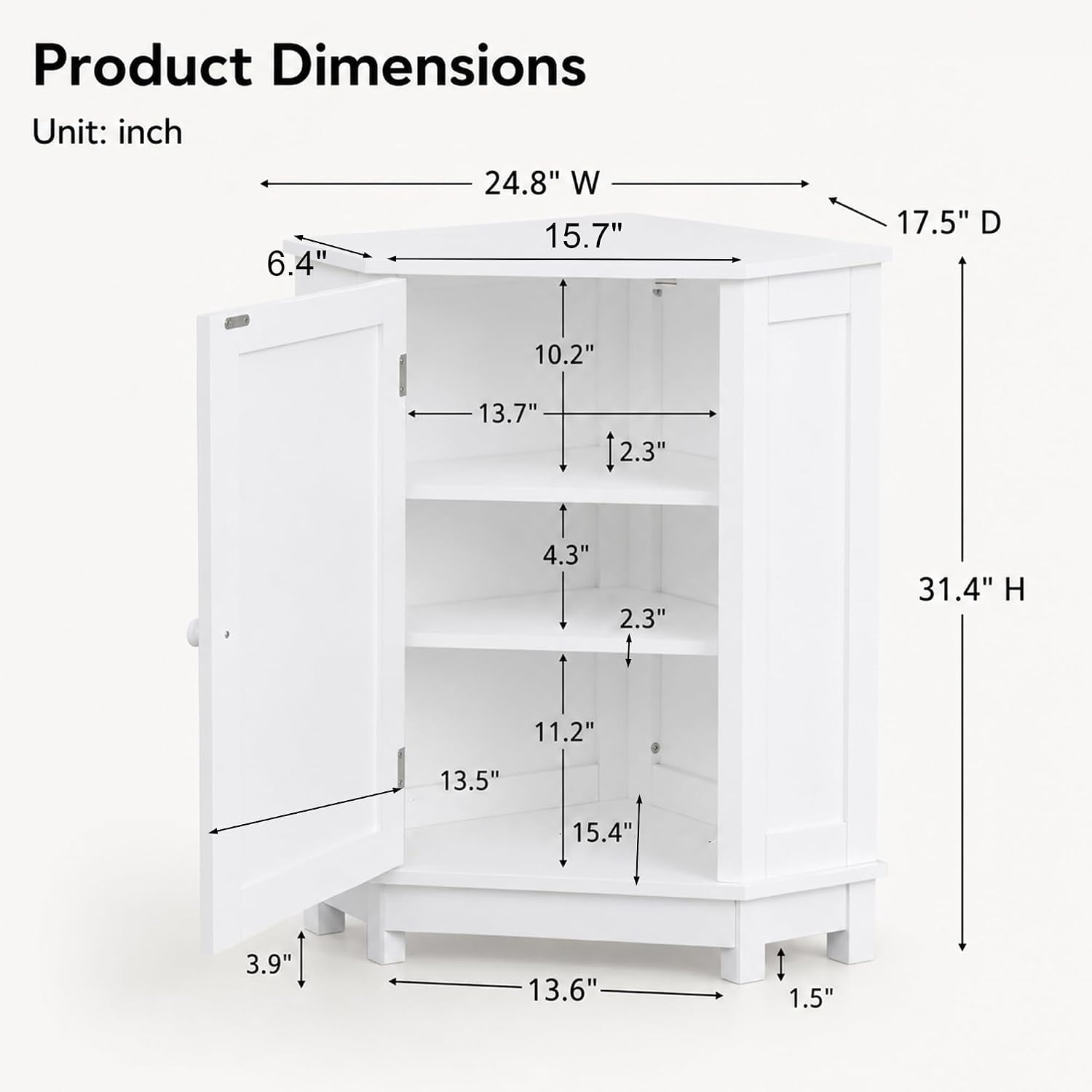 31" Corner Storage Cabinet, Wood Freestanding Triangle Floor Cabinet with Door & Shelves, White