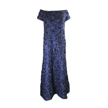 B Michael Women's Sequined Rosette Off-The-Shoulder Gown (12, Silver/Sapphire)