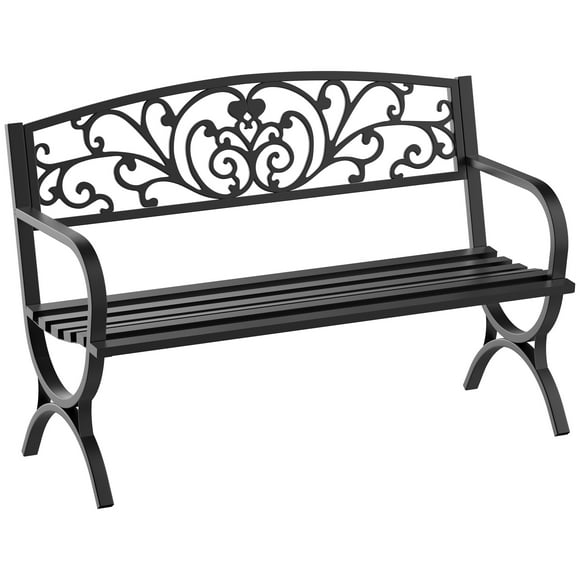 Outsunny 50" 2-Seater Garden Bench, Patio Porch Decorative Chair Cast Iron Loveseat Outdoor Furniture for Yard, Lawn, Porch, Black