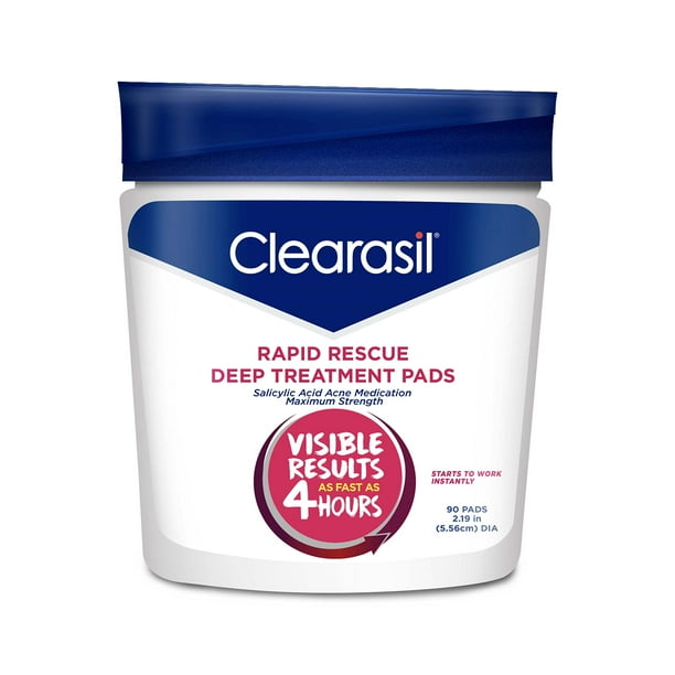 Clearasil Rapid Rescue Tratamiento profundo Almohadillas faciales para el acné Fuerza máxima con 2% de ácido salicílico Medicina para el tratamiento del acné 90 unidades