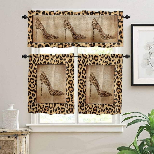 Kitchen Cafe Window Tier Curtains and Valance 3 Pieces Set Retro Leopard Sexy High Heels Pattern Rod Pocket Window Valances Panel Privacy Short Drapes Treatment for Bedroom Wild Animal Skin Texture