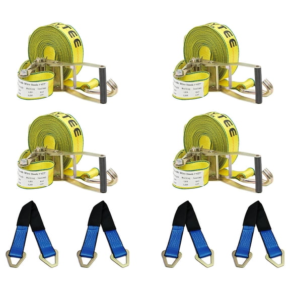 Car Tie Down Straps Kit for Trailers - 4PK 2" x 27' Yellow Ratchet Strap with Wire Hooks, 10,000 lbs BS & 4PK 2" x 36' HD Axle Straps for Car Hauler, Tow Truck