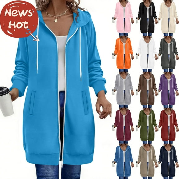 Sweatshirts for Women, Women's Casual Loose Solid Color Pocket Long Sleeved Double Zipper Hooded Sweatshirt Top, Sky Blue S