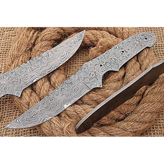 Knife Making, Damascus Steel Blank Blade 9.25 inches Long Hand Forged Trailing Point Skinning Knife Blade, Hunting Knife, 4.25 inches Cutting Edge, 4.5" Scale Space with 3 Pin Hole