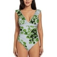 thumbnail image 2 of Yiaed Watercolor Green Leaves Print Women's Ruffled One Piece Swimsuit V Neck Swimwear Slimming Monokini for Woman-Medium, 2 of 8