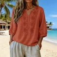 thumbnail image 5 of Wutalume Women's 3/4 Sleeve Linen Top - Casual V-Neck Button Down Shirt in Solid Color, 3/4 Sleeve Blouses for Women, Womens Summer Tops Breathable,Orange XL, 5 of 5