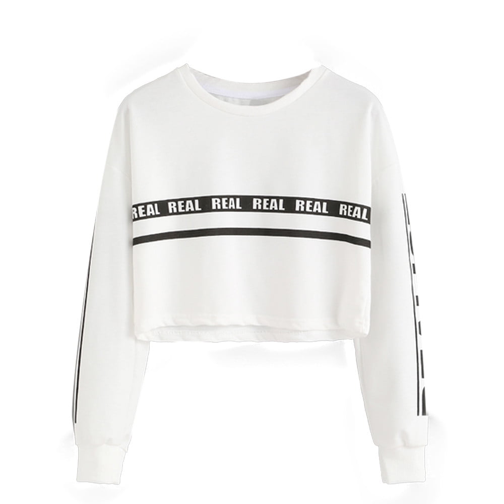 Women Fashion Letter Print Sweatshirt Top Short Blouse T Shirt White Long Sleeve 