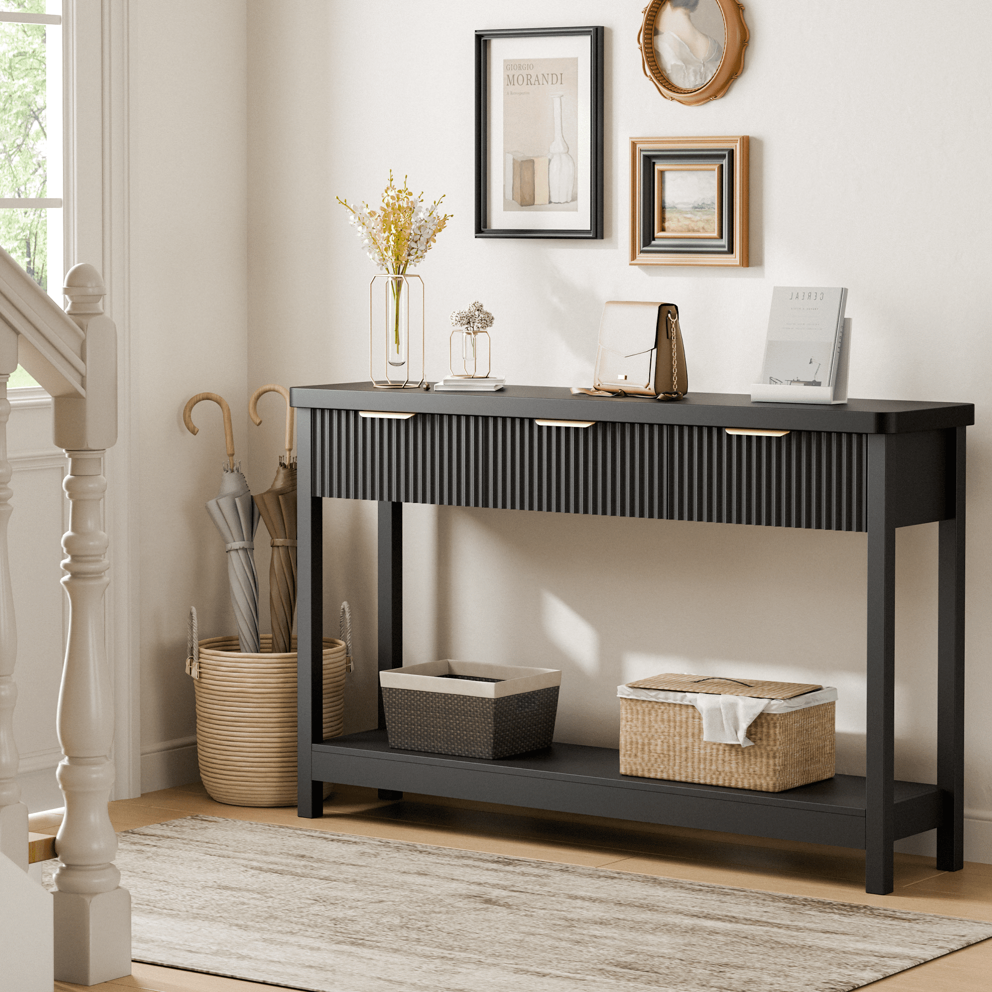 Laintene Console Table for Entryway, 51" Fluted Sofa Table with 3 Drawers and Open Shelf, Modern Narrow Display Shelf for Hallway Living Room, Black Set of 2