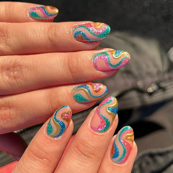 24 Pcs Summer Press on Nails Medium Length Almond Fake Nails Nude Pink Acrylic Nails with Glitter Colored Lines Designs False Nails Glossy Full Cover Stick on Nails for Women B-1 0.04 Fl Oz (Pack of