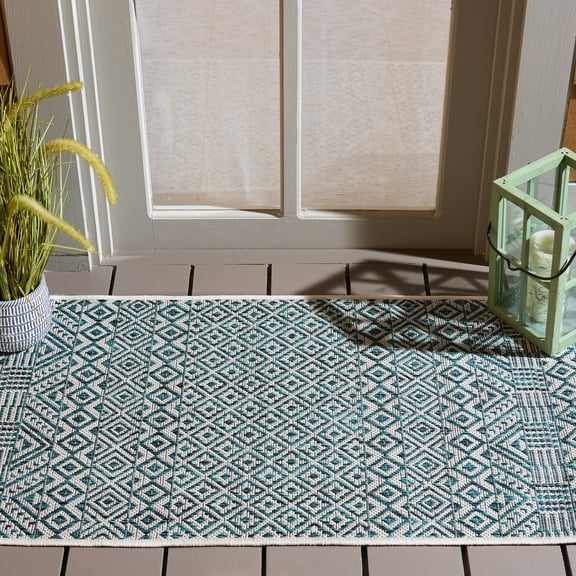 SAFAVIEH Courtyard Evander Geometric Indoor/Outdoor Area Rug, Ivory/Aqua, 2' x 3'7"