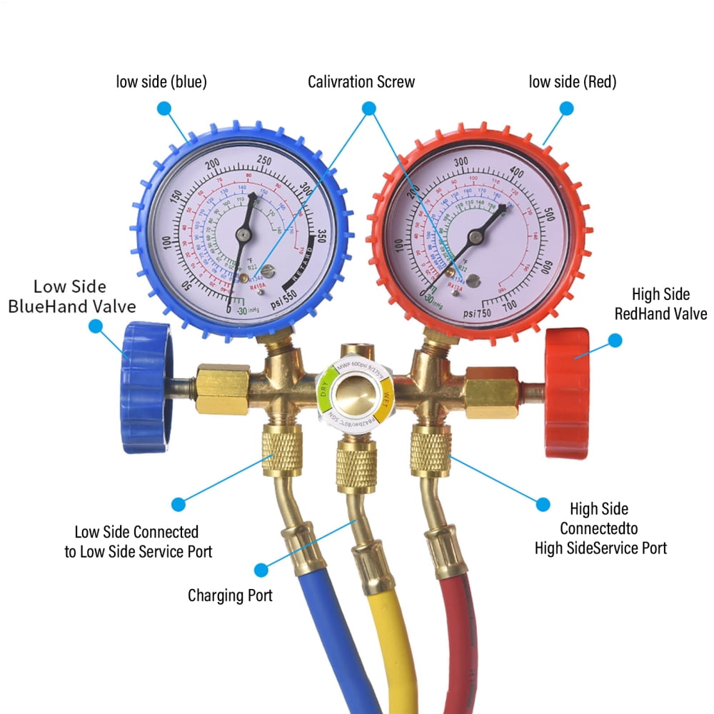 Air Conditioning Gauge, R134a R12 R22 R502 R410a Manifold Gauge Set with 3 Hoses, Connector, Adapter, Carrying Case