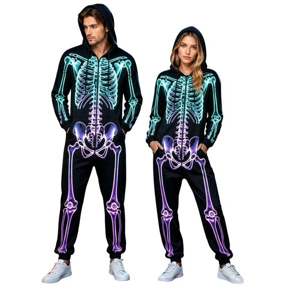 PLHWHYQ Men Women Matching 3D Skeleton Printed Onesie, Air Layer Zipper Full Body Halloween Jumpsuit Black XXXXL