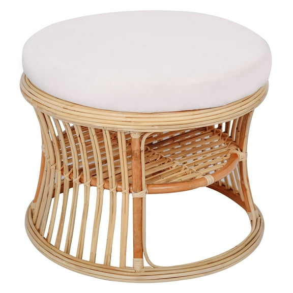 Natural Rattan and Beige Fabric Pouf Exotic Boho Living Room