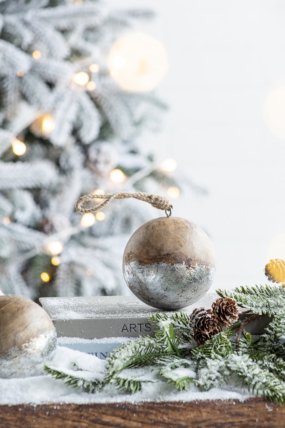 Set of 4 Natural Wood and Antiqued Silver Ball Ornaments Mango Wood Jute Hanger Tree Decor