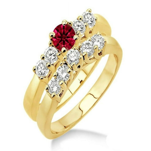1.5 Carat Ruby & Diamond Five Stone Bridal Set on 10k Yellow Gold