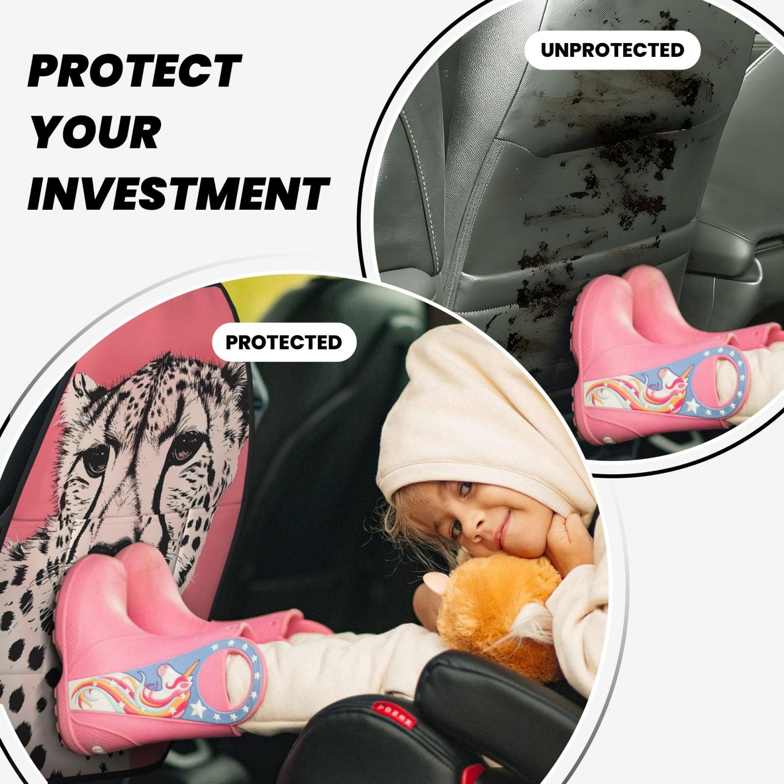 Xecao Pink Cheetah Art Pattern Car Seat Back Protector 2 Pack Large Capacity Pocket, Kick Mats Back Seat Protector
