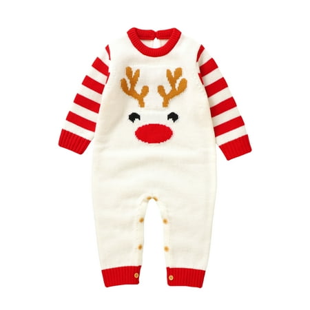

Woshilaocai Baby Christmas Knit Romper Elk Pattern Long Sleeves Jumpsuit
