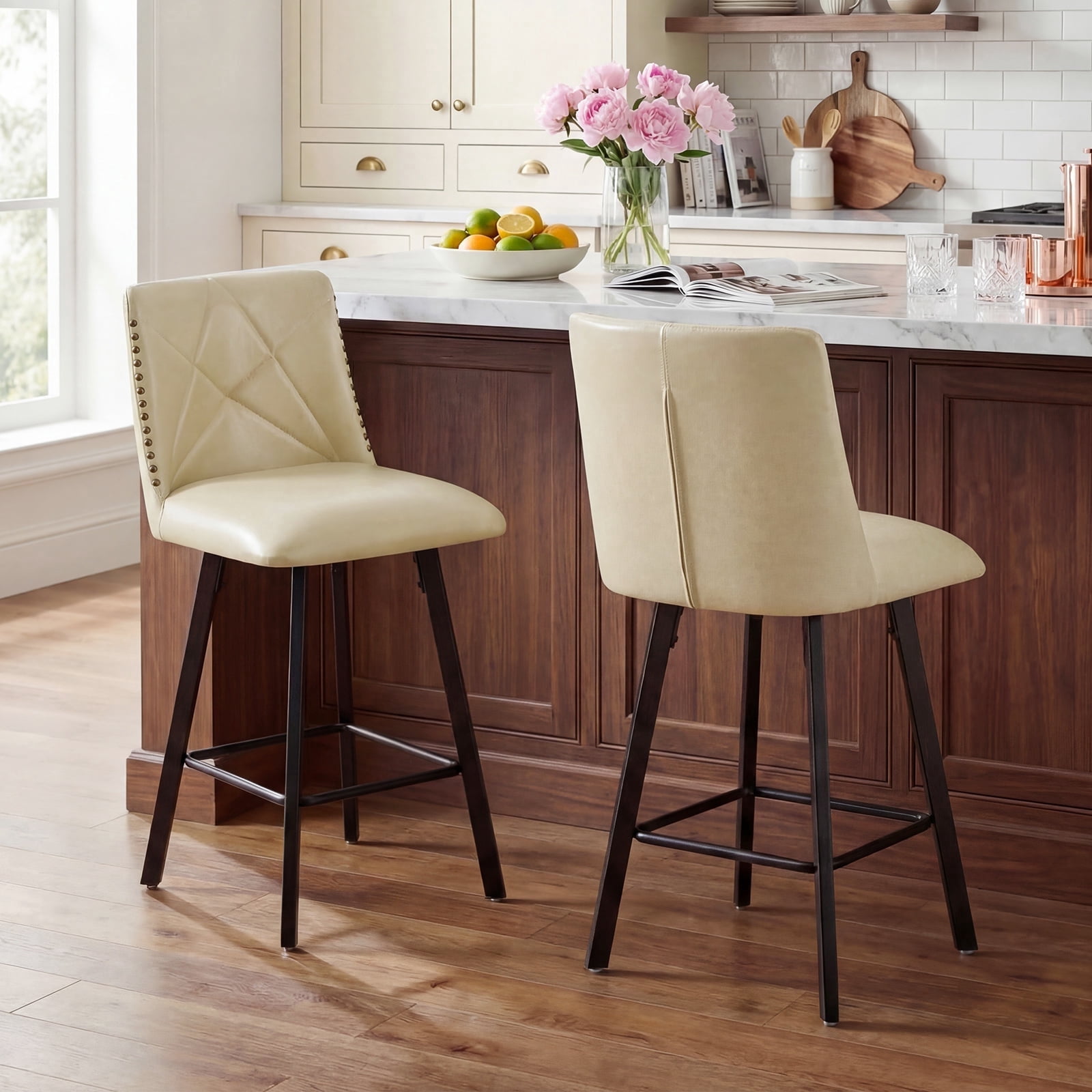 DRLOVELY Set of 2 Swivel Bar Stools, PU Leather 24.5" Counter Height Chairs with Back, Industrial Metal Footrest for Kitchen Island, Beige