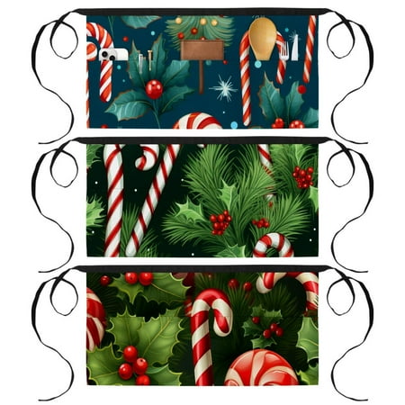 

3 Pack Half Apron with 3 Pockets Christmas Candy Aprons with Long Waist Strap for Kitchen Restaurant Waiter Bartender