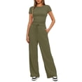 thumbnail image 4 of Two Piece Sets for Women Summer Casual Outfit Sets Solid Color Button Down Round Neck Short Sleeve Tops and Drawstring Wide Leg Pants with Pocket Sets Relaxed Vacation Wear, 4 of 8