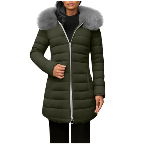 LEBONYARD Women's Trendy Plush Zipper Hooded Padded Puffer Coat Casual Solid Colored Long Sleeve Long Length Loose Warm Fit Pocket Winter Puffer Coat