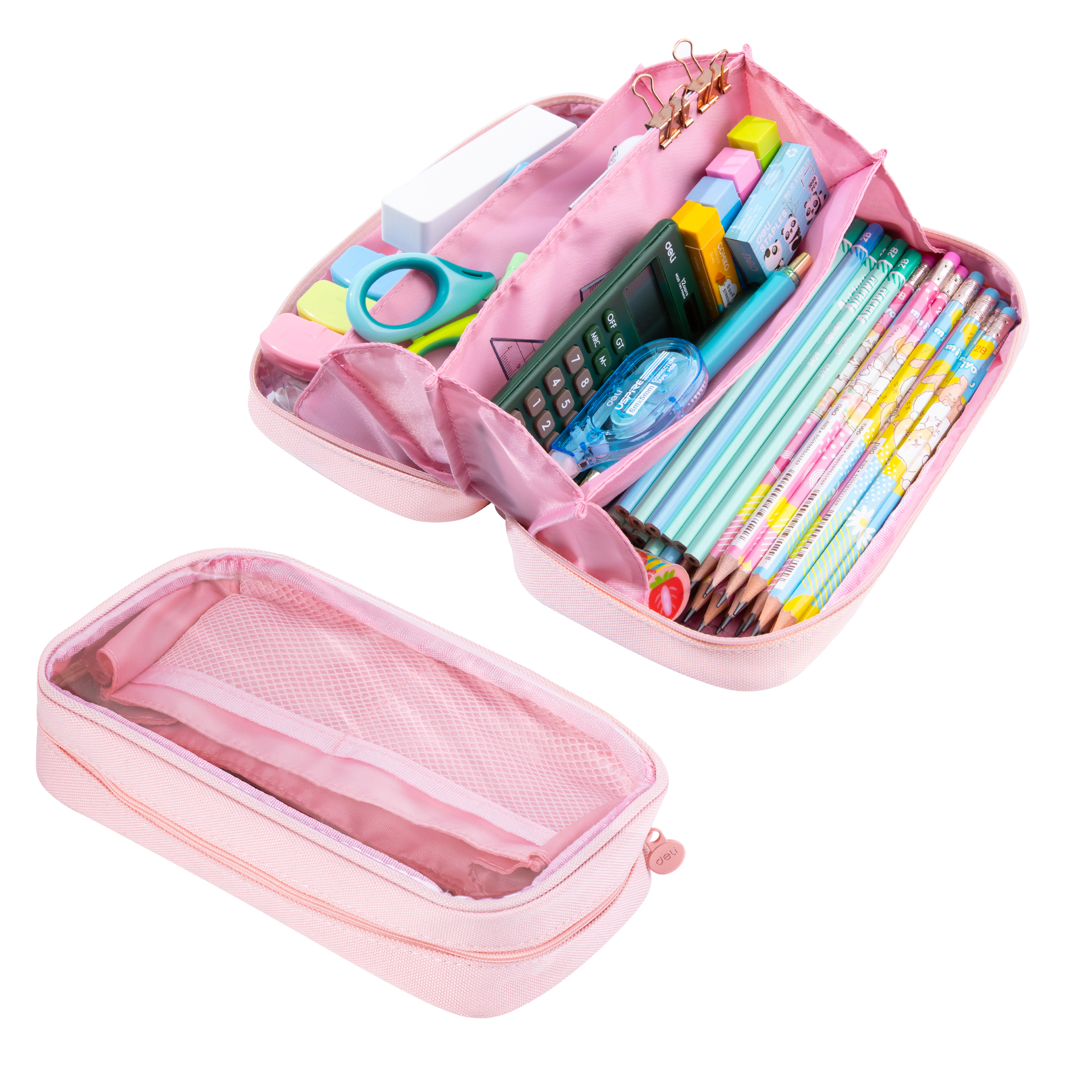 Deli Estuche para lápices para niños, gran capacidad, plegable, con 4 compartimentos, organizador de útiles escolares para estudiantes, adolescentes y oficina, rosa 6