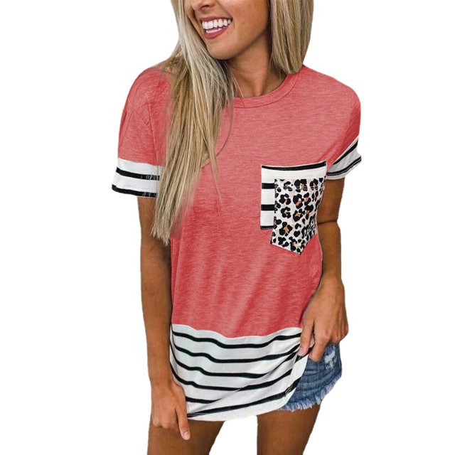Nouveau T-Shirt Décontracté pour Femmes à Manches Courtes, Imprimé Rayé, Patchwork, Col Rond, Grande Taille, Poches, Blouse Ample