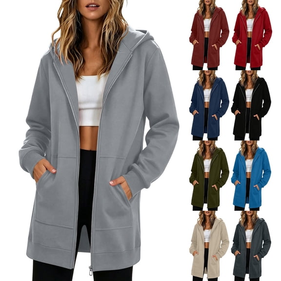 Jsaierl Zip Up Long Hoodies for Women Casual Solid Color Hooded Sweatshirt Oversized Cotton Long Sleeve Jackets Winter Fashion S-2XL
