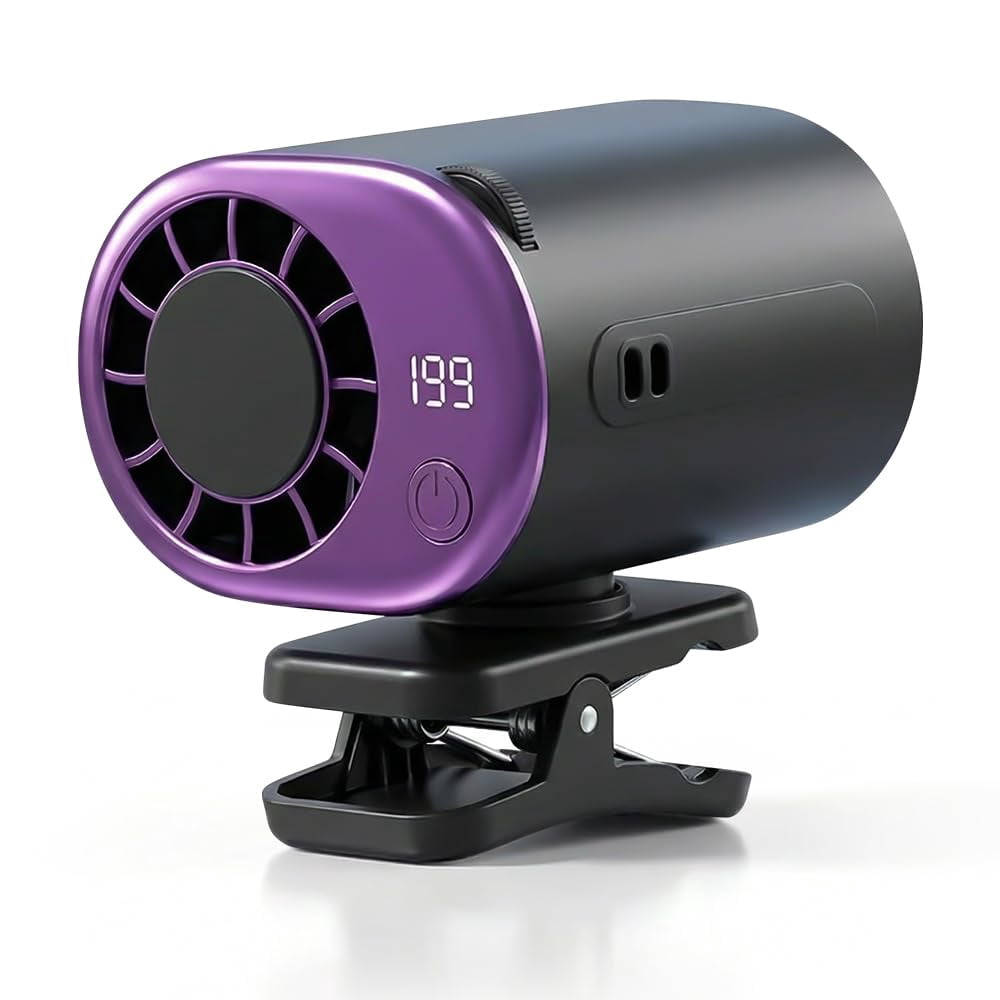 Car Clip on Air Conditioner Fan with LED Display, Upgraded 360° Rotation, 199 Speeds & Semi-Cooling Technology, USB Rechargeable Personal Fan, Hands-Free Clip on Fan for Cars, Work, Camping