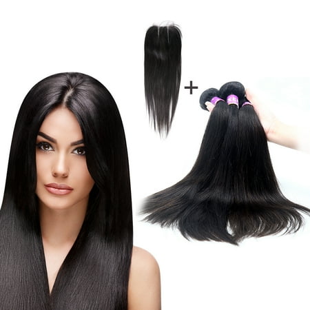 Human Hair 121212 3 Bundles + 10 4x4 Closure Three Part Straight Peruvian Hair Extension Weave 7A