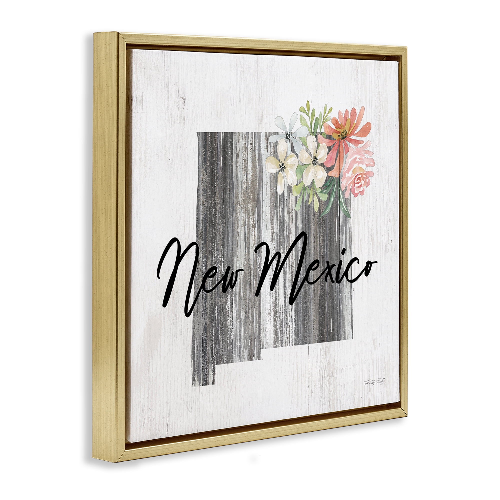 Stupell Industries Shabby Chic New Mexico Botanical & Floral Painting Gold Floater Framed Canvas Art Print Wall Art, 18 x 18