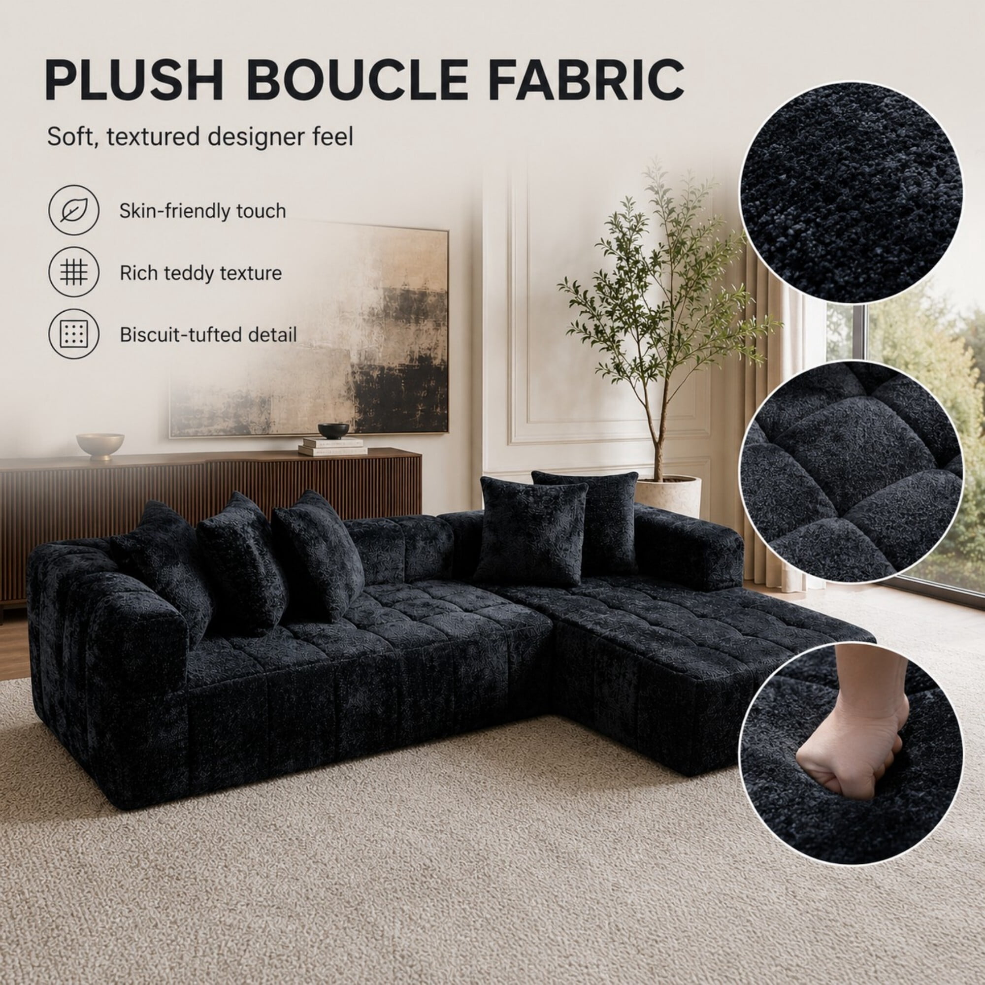 DEALTOPS 108" Cloud Sectional Sofa, 4-Seat Boucle L-Shaped Couch, No Assembly, Black Right-Facing Chaise