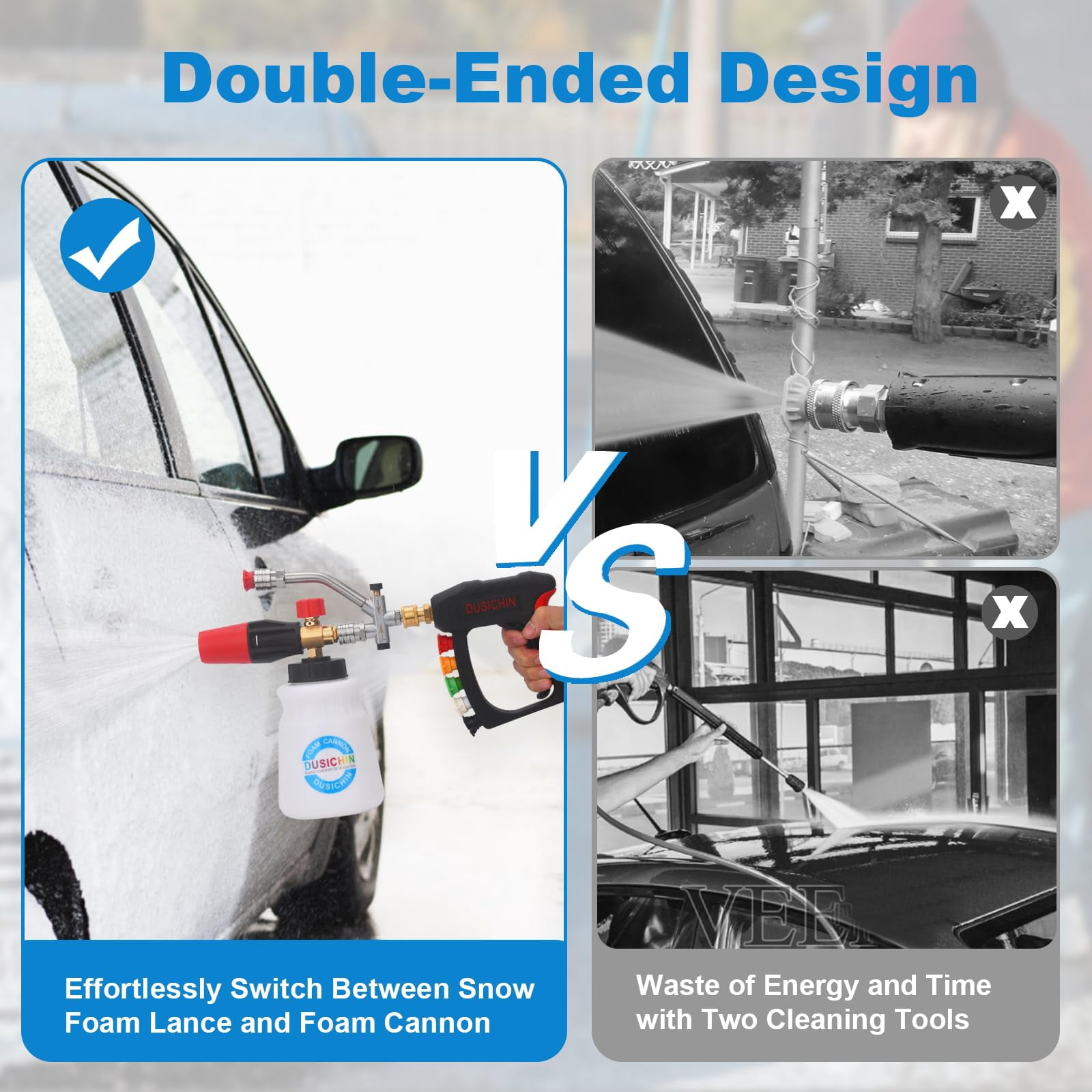 DUSICHIN Short Gun Foam Cannon 1/4" Quick Connector Pressure Washer ,Car Wash Foam Gun Kit Dual Connector Accessory,5 Pressure Washer Nozzle Tips 3/8'' Swivel Quick Connector,Not Use with Garden Hose