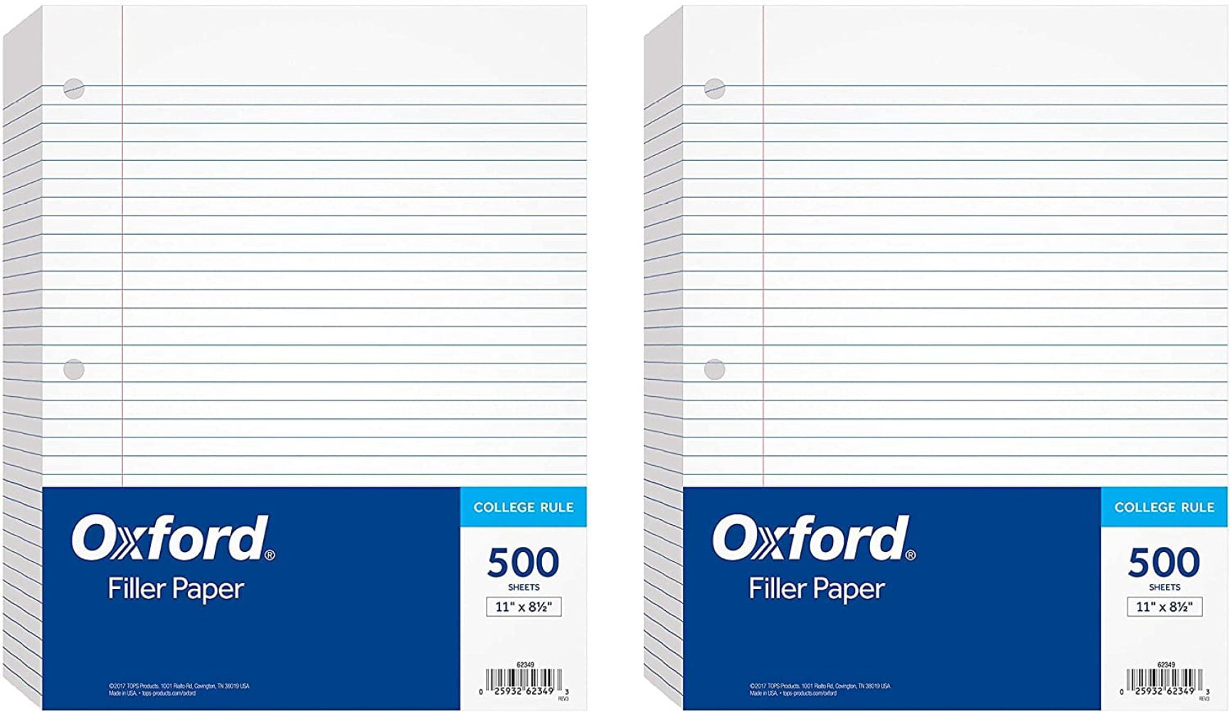 3-Hole Punched 62349 Oxford Filler Paper 8-1/2 x 11 College Rule Box of 3 Loose-Leaf Paper for 3-Ring Binders 500 Sheets Per Pack 