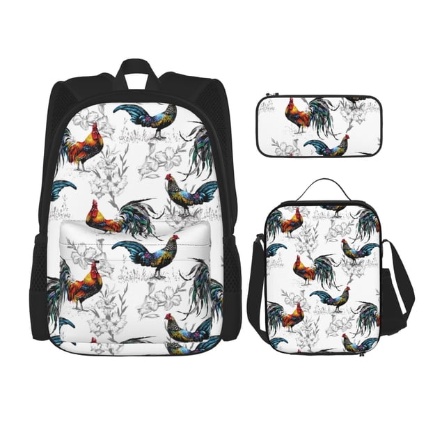 Disketp Cool Chicken Mochila Estampada de Gran Capacidad con Lonchera y Estuche, Set de 3 Piezas para Estudiantes