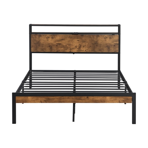 Full Size Metal Platform Bed Frame with Wooden Headboard Footboard USB Storage No Box Spring Needed