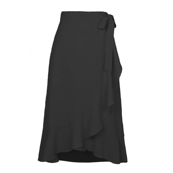 Wenseny Women’s Satin Asymmetrical Long Wrap Skirts Ruffled Hem Midi Skirt Black L