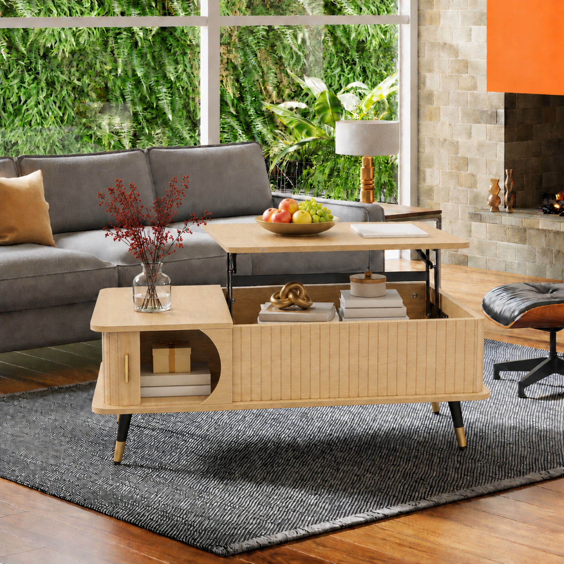 GDF Studio Lift-Top Coffee Table with Hidden Compartment & Side Storage Shelves, Center Table for Home Living, Natural